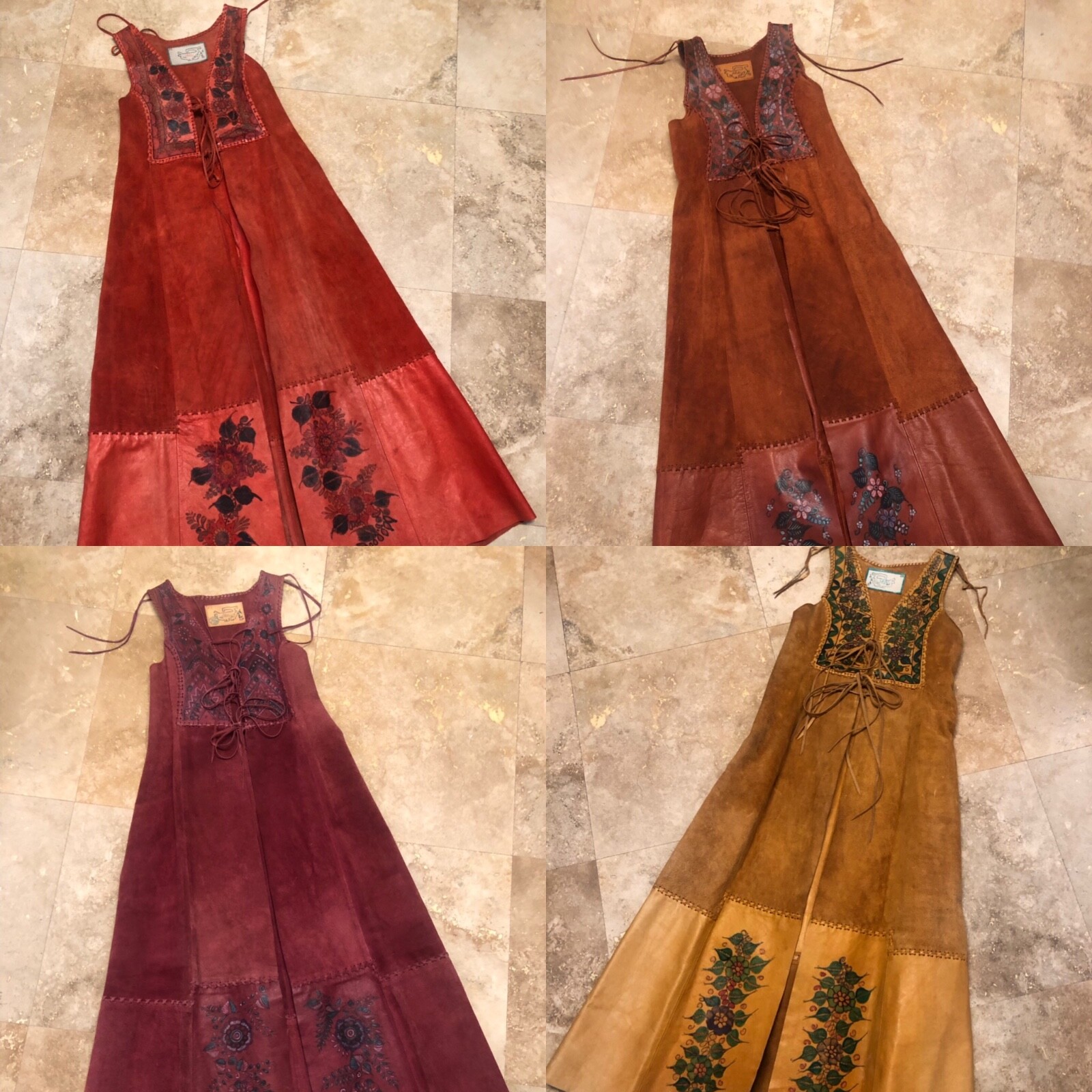 Vintage 70s Char Leather Vest Jacket Duster Hand Painted Whipstitched Hippy Boho