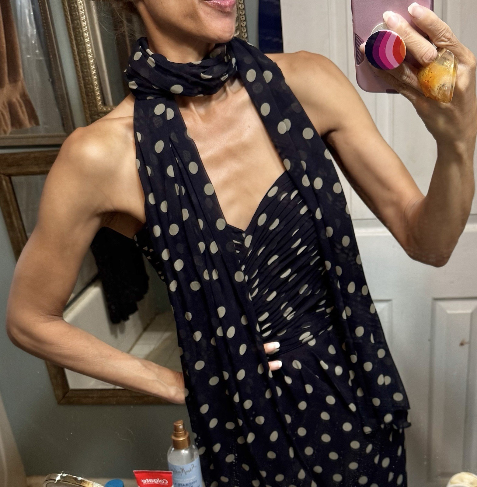 Vtg Kathryn Conover Polka Dot Navy Blue Strapless Bustier Silk Dress Ruched S M