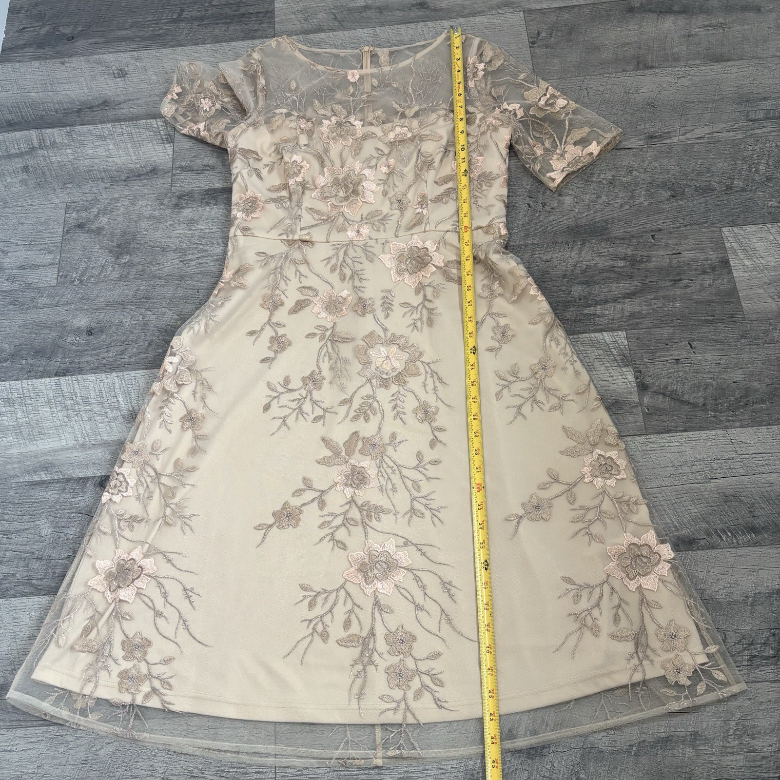 JS Collections Floral Embroidered Illusion Midi Dress Beige Gold Size 10 Wedding