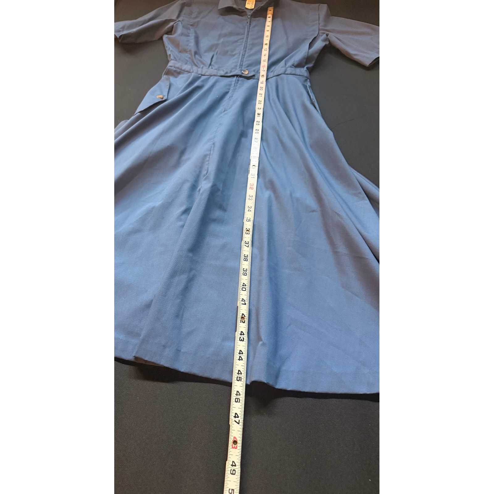 Vintage Blue Zip Front Midi Dress Short Sleeve Utility Workwear Pockets Retro