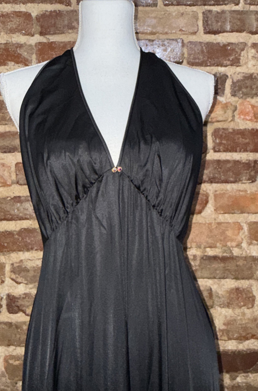 Vintage 70s JCPenney Gaymode Black Satin Maxi Halter Nightgown Sz 36 EUC Sexy