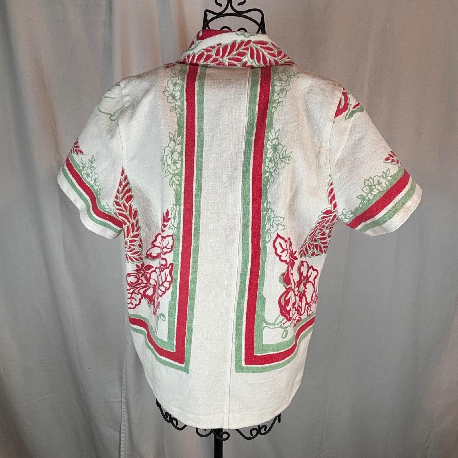 Vintage Upcycled Floral Tablecloth Print Button Up Shirt Red Green White Sz S