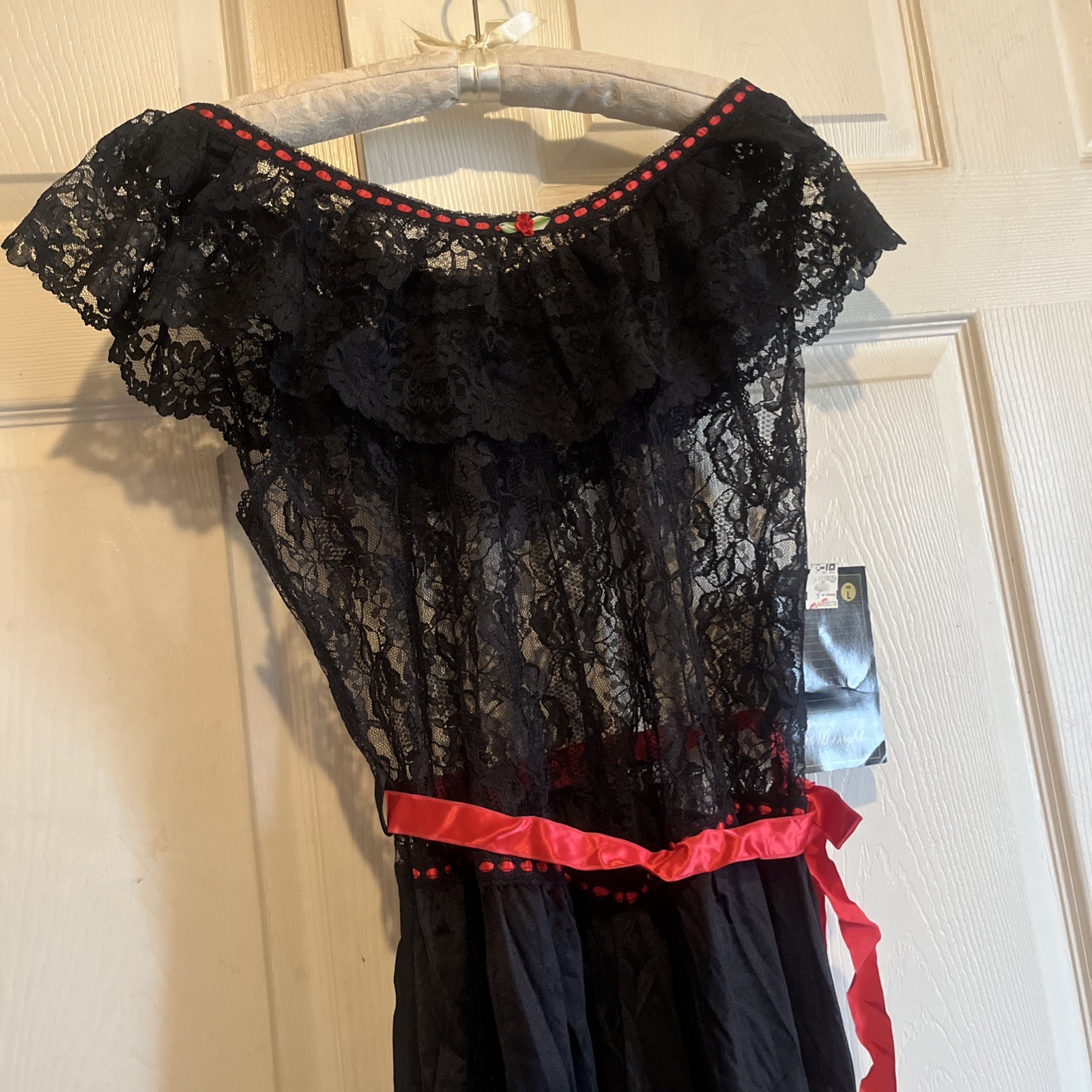 Vtg Stroke of Midnight black Lace Off Shoulder Lingerie Gown 80’s L USA