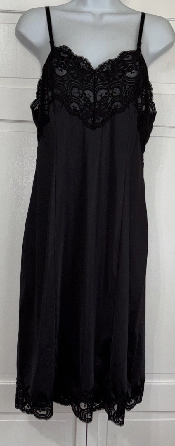 Vintage Wonder Maid Non Cling Black Silky Nylon Full Slip w/ Lace Lingerie Sz 36