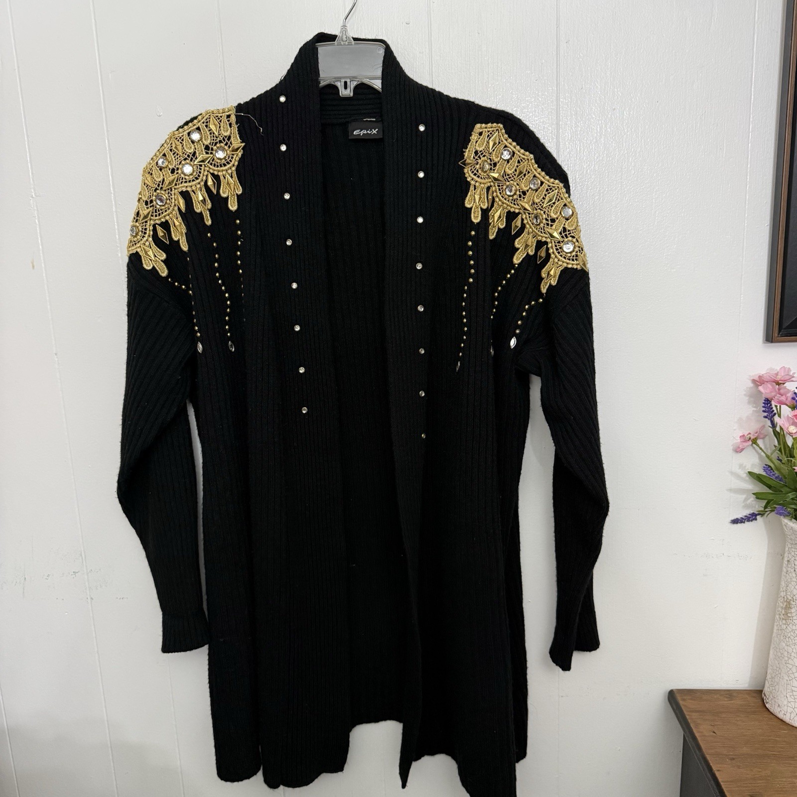 Vintage 90s Epix Black Gold Embellished Duster Cardigan Y2K Glam 1X 2X 3X