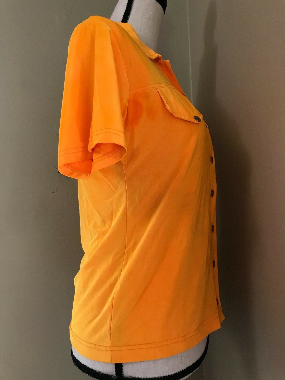 Vintage 90s BODY CENTRAL Neon Orange Button Up Club Kid S/S Nylon Shirt Size S