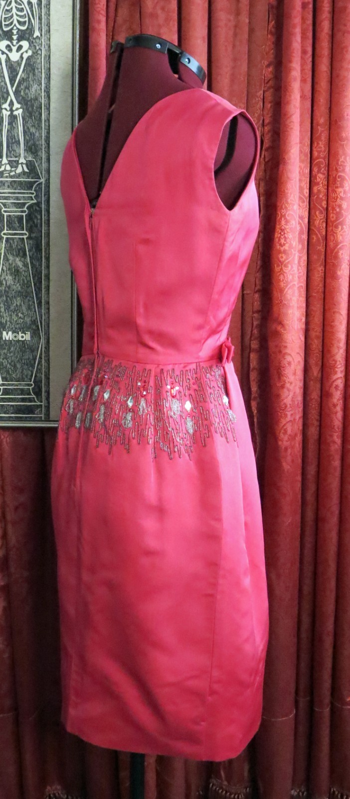 1950s 1960s Hot Pink 100% Silk Beaded Cocktail Party Dress Marjorie Michael S