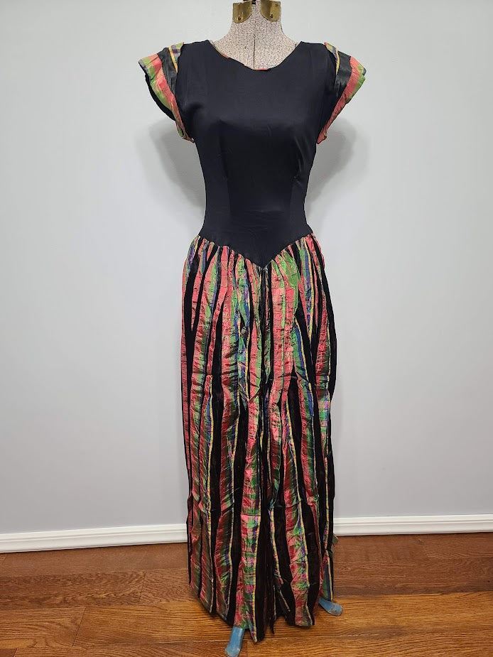 Vintage 1930s / 1940s Dress Long Gown with Colorful Skirt X Small (B-30″ W-22″)