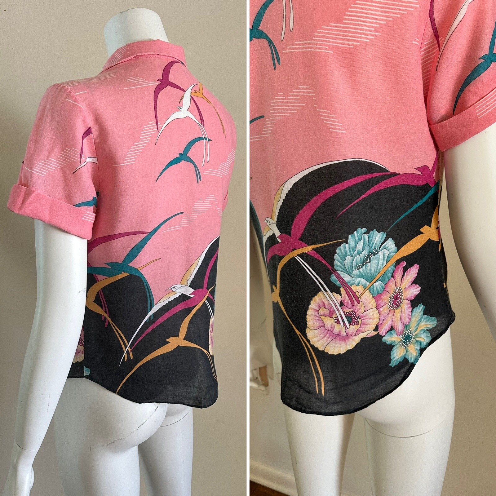 1980s California Connection Tropical Rayon Blouse Pink Bird Print Made USA VTG
