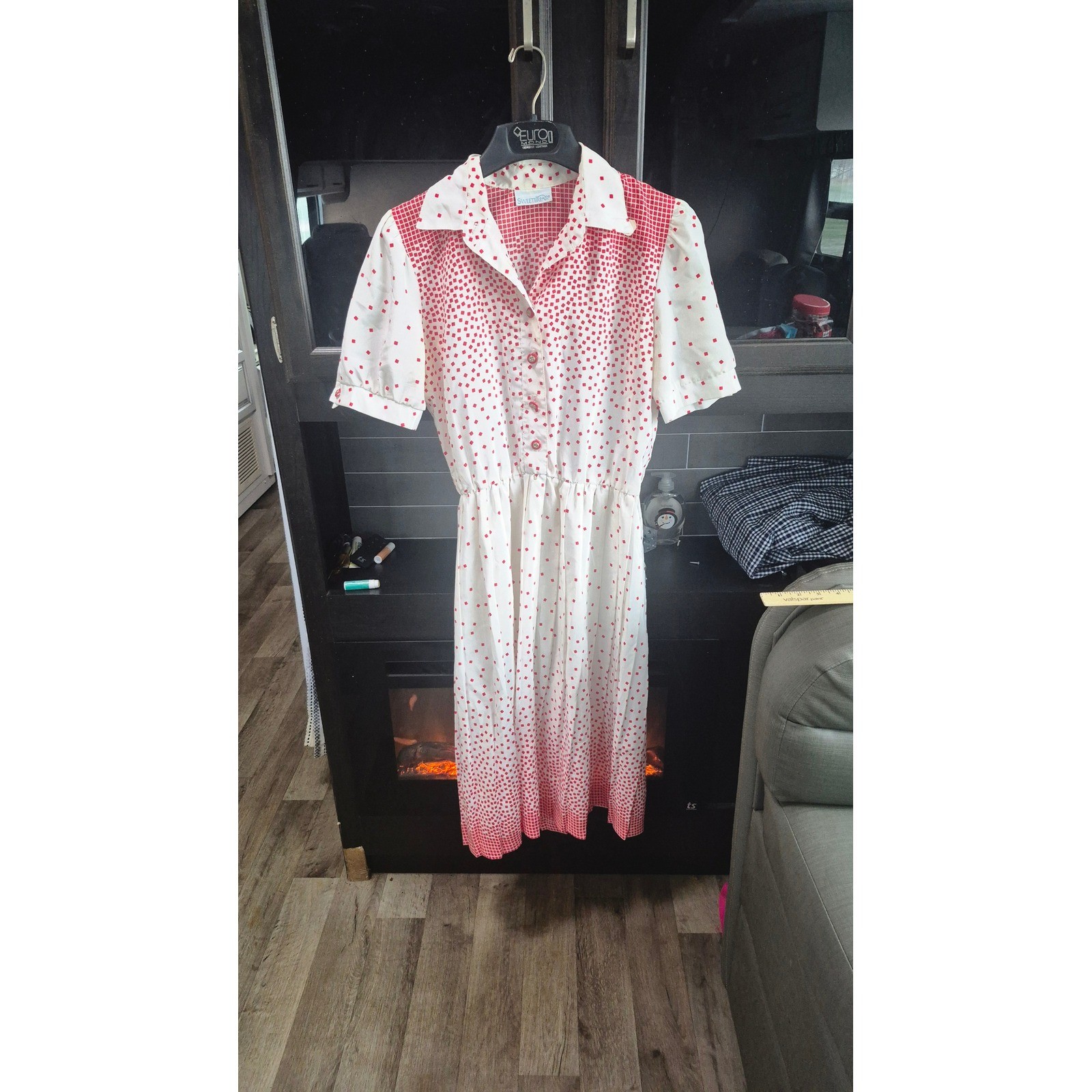 Sweetbriar Vintage Cottagecore Dress Red White Geometric Square Dot Midi 80s 90s