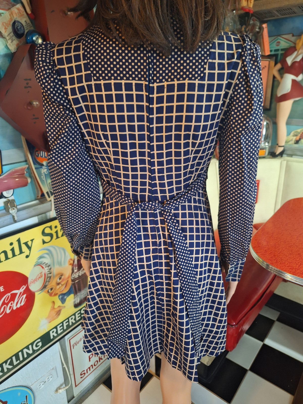 True VTG Mid-century Mod 1960s 70s High Neck Mini Dress Polka Dot Pinafore XS/S