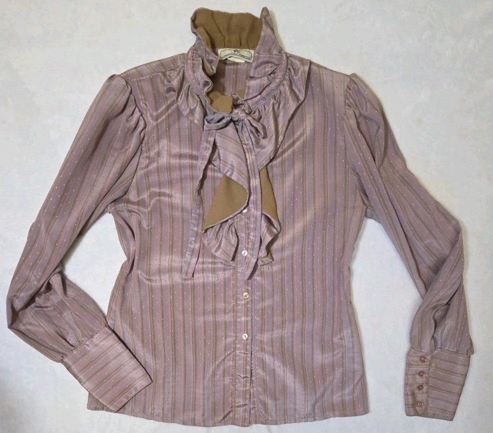 Vtg 70s 80s Jonathan Martin Victorian Satin Bow Blouse Mauve High Neck Size 9/10