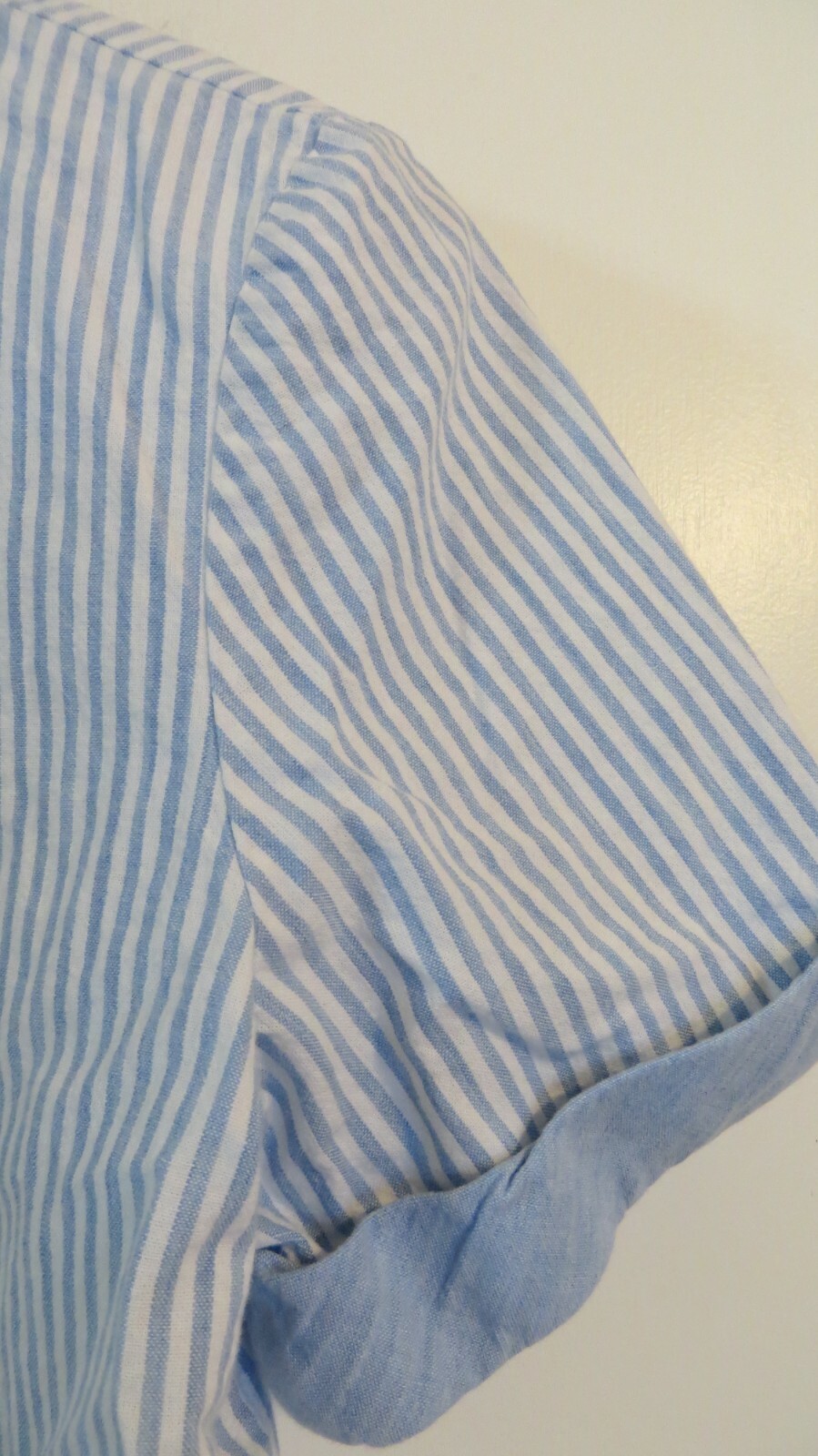 Vintage Leslie Fay Shirt Womens Petite 10P Button Up Short Slv Blue White Stripe