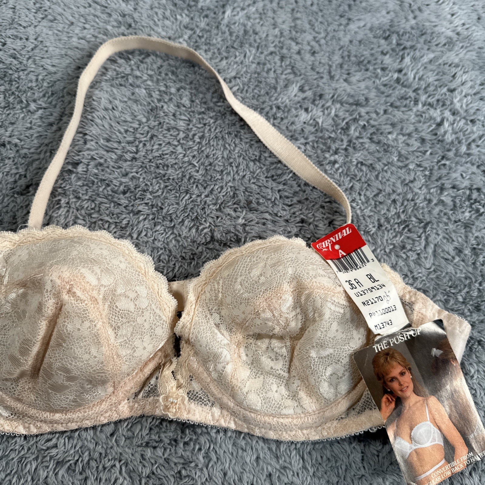 Vintage Carnival Bra – 36 A The Push Up Lace Nylon Beige 1970s Pearls