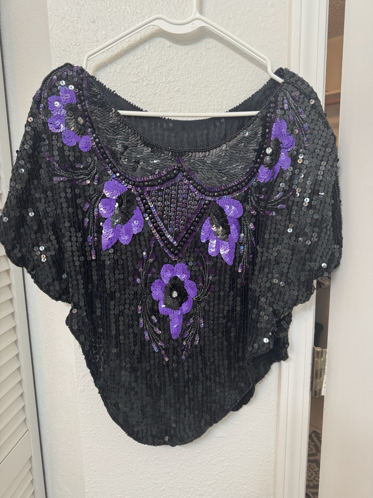 Vintage 1980’s Black / Purple Sequin Asymmetrical Blouse V Shape