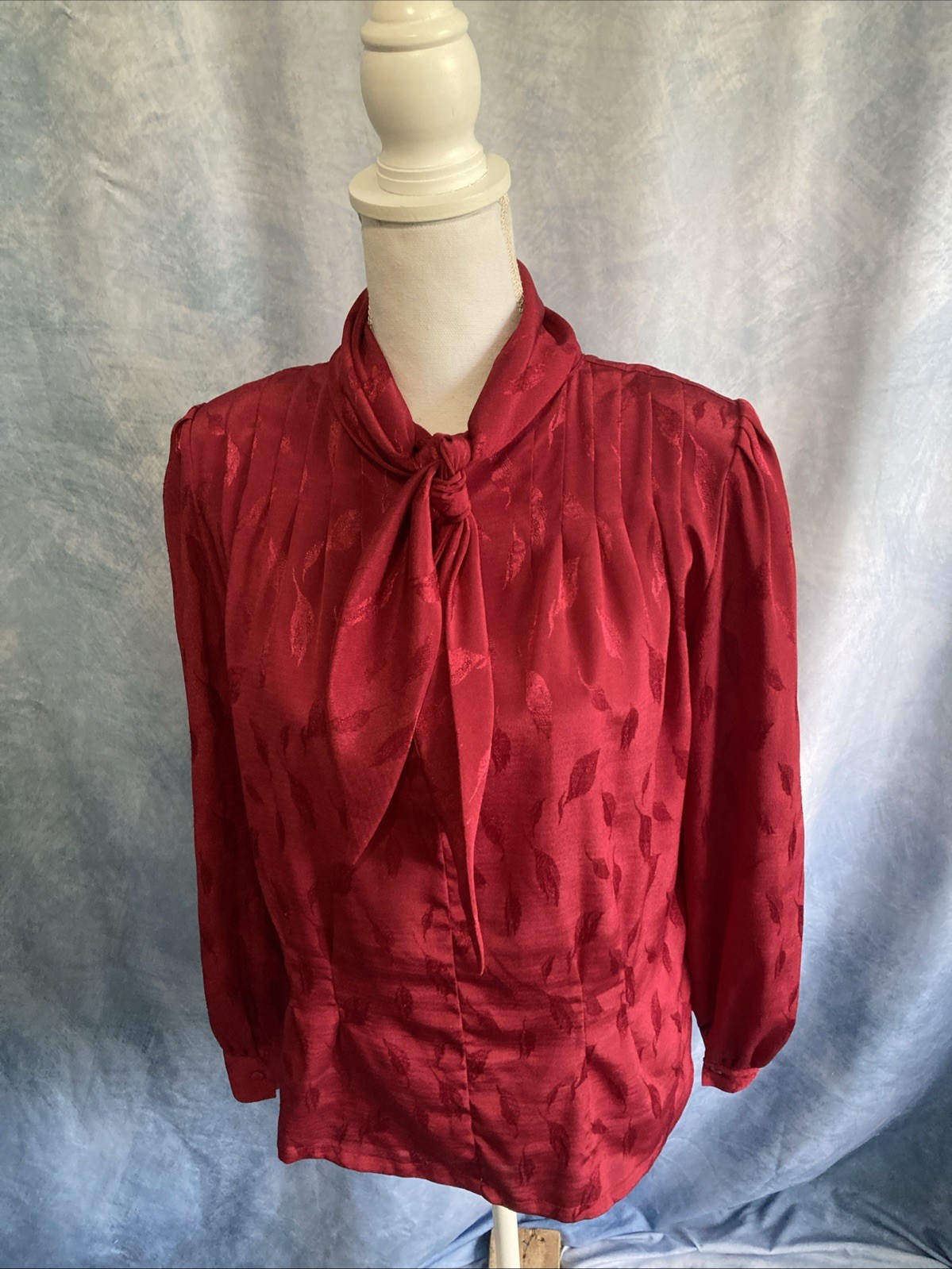 Vtg 80s Poet by Nicola Blouse Size 12 Red Pussybow Tie Neck Leaf Jacquard Korea