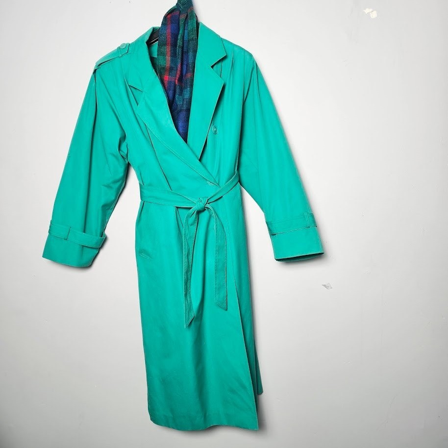 J. Gallery Womens Vintage Belted Trench Coat 9/10 Petite Teal Green Classic Prep
