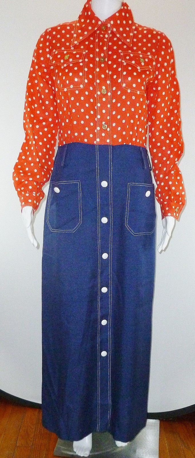 Vtg 70s Pat Sandler Maxi Dress Red White Blue Polka Dot Long Sleeve S/M Western