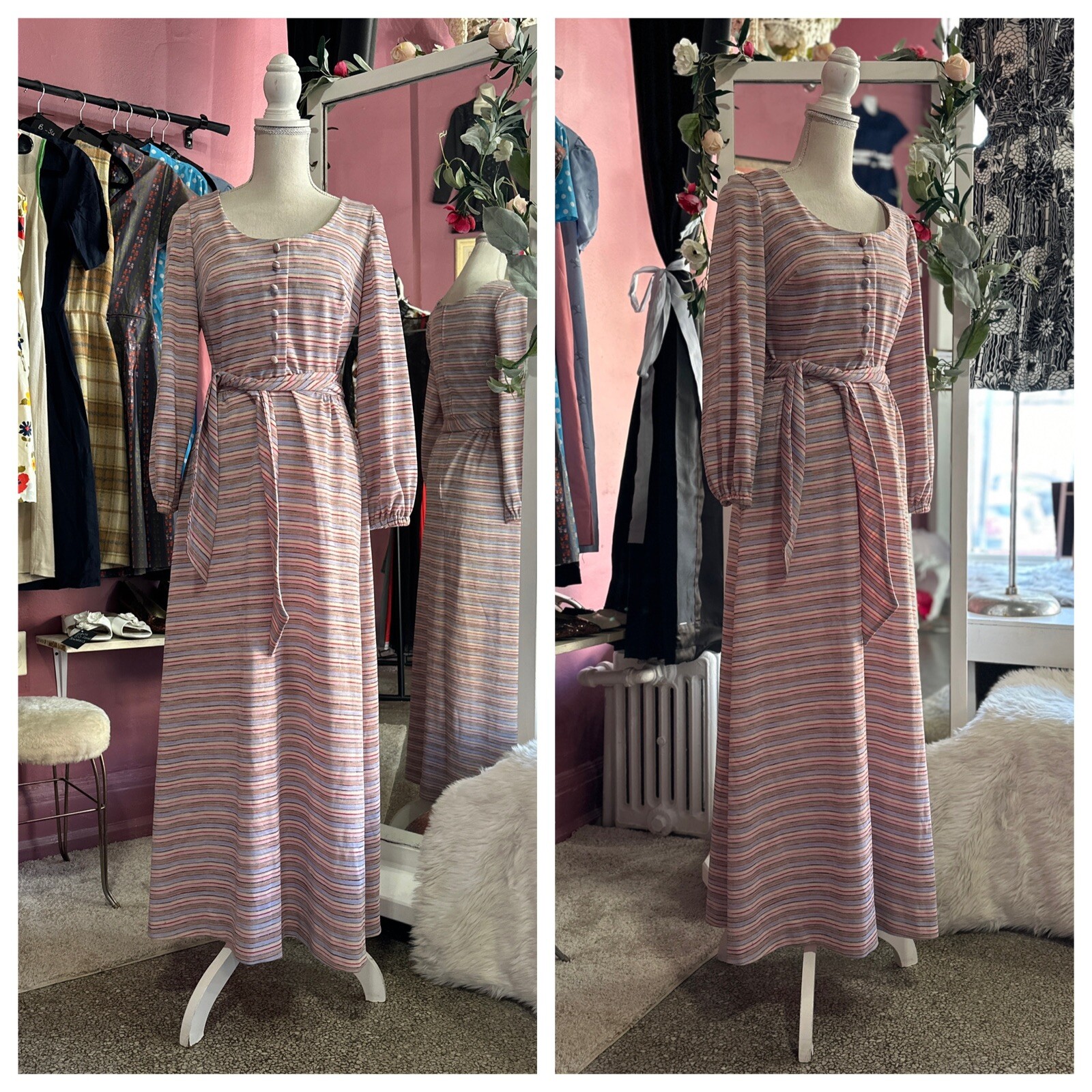 Vintage 60s 70s Maxi Dress Pink Purple Stripes Balloon Sleeves Metallic XS/S