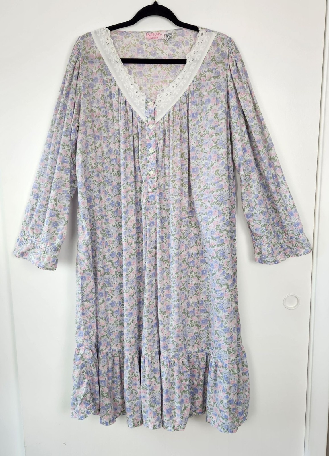 Vintage Honors Intimates 100% Cotton Floral Ruffle Hem Long Sleeve Nightgown Med