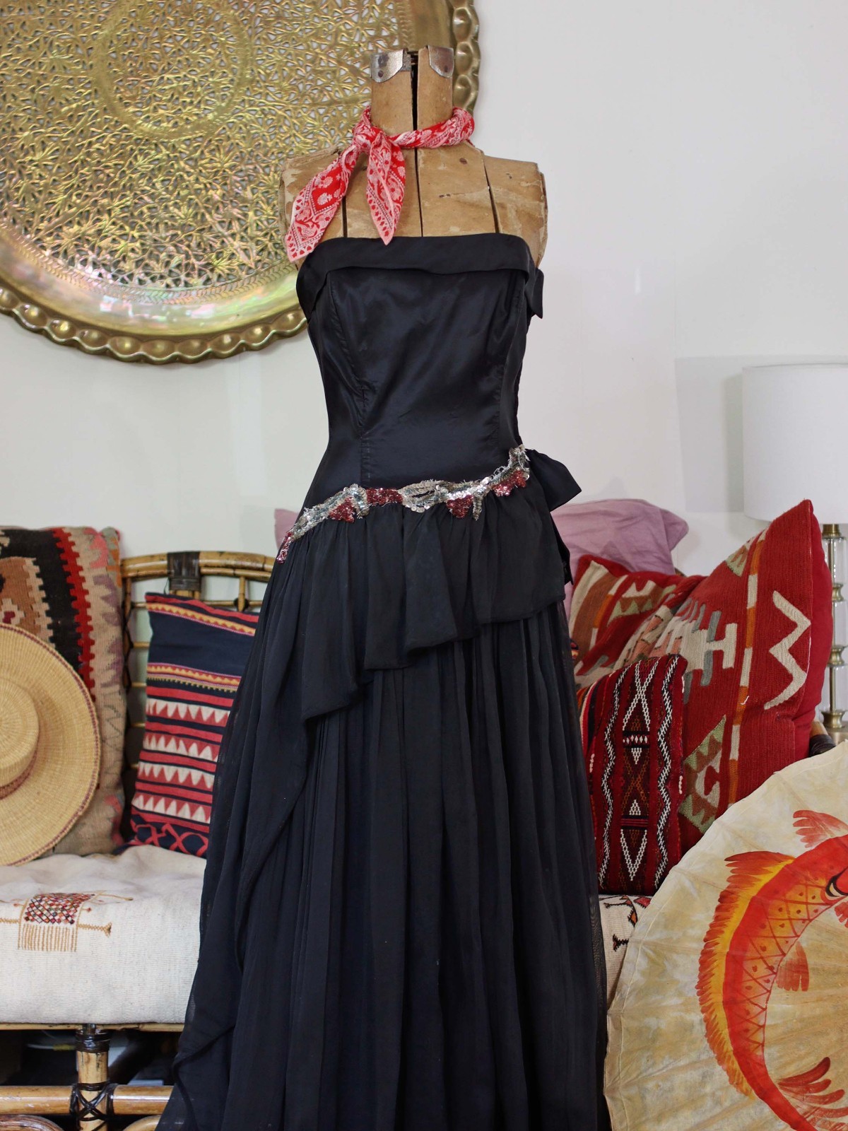 VTG 1940s Black Strapless Gown 40s Formal Evening Prom Dress Peplum Skirt Sequin