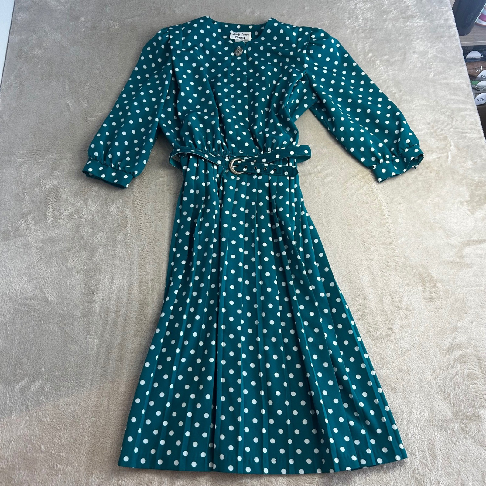 Vintage S/M 80s Lady Carol Petite Teal White Polka Dot Pleated Dress Belted Midi