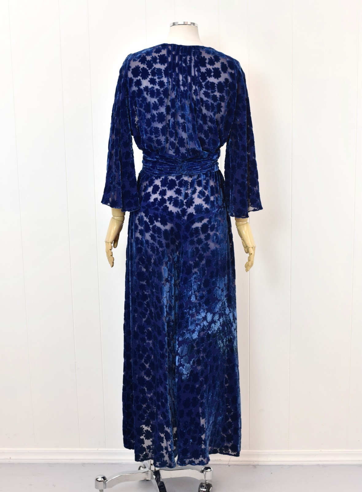Antique 1930s Blue Devore Burnout Velvet Floral Art Deco Sheer Dress Larger Size