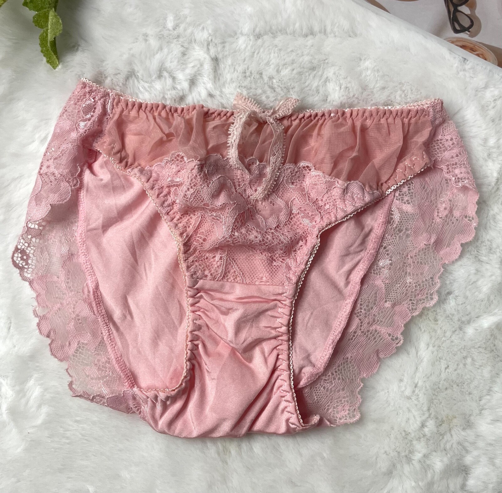 Vintage Baby Pink Nylon Polyester Panty Sheer Floral Lace Bikini Briefs SZ.SMALL