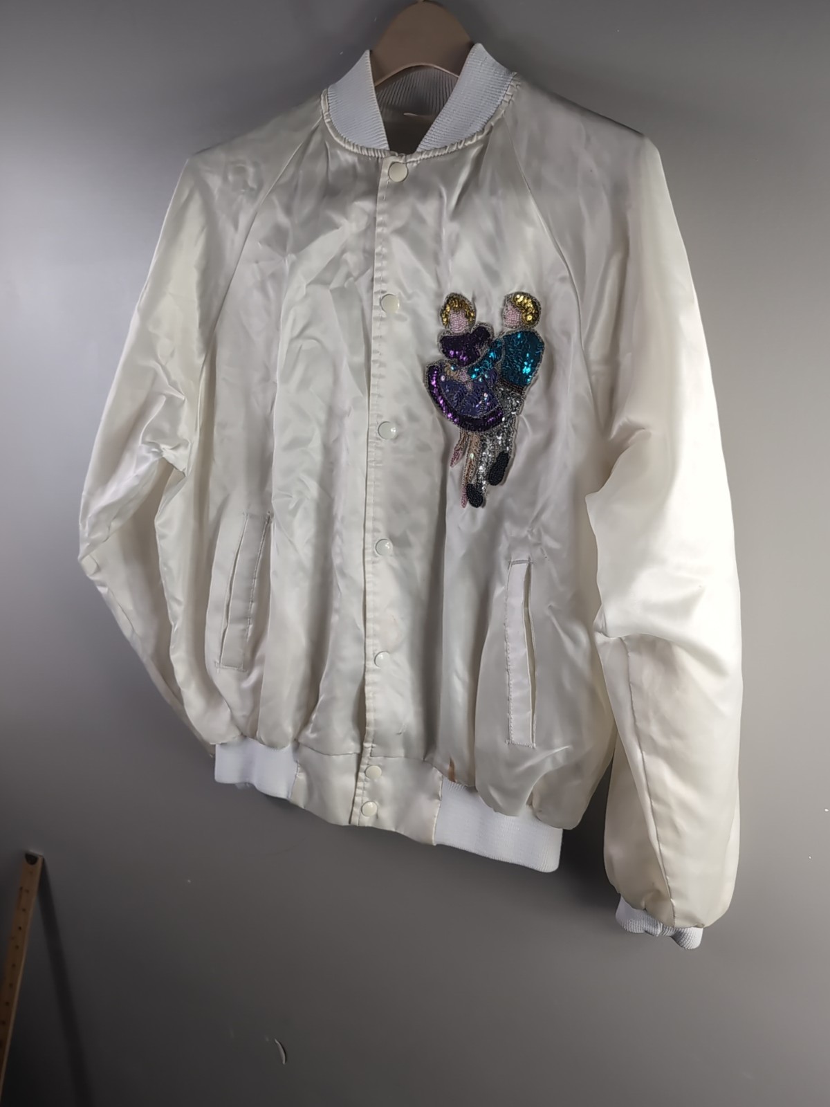 VTG Sequin Poodle Dance Tango Satin Bomber Jacket L, White, Embroidered, Mint!