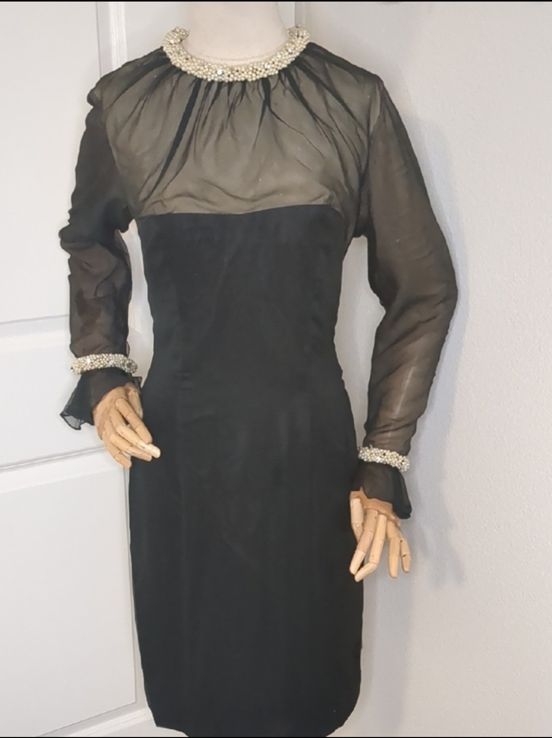 Vintage 60s Lilli Diamond Black Sheer Long Sleeve Wiggle Dress Pearl Beaded