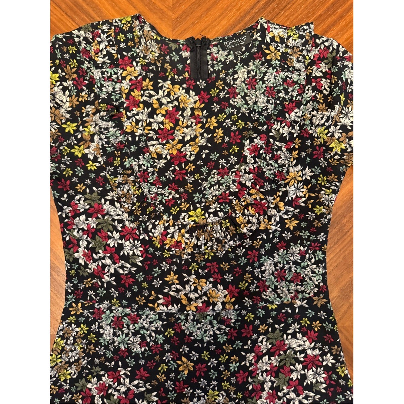 Topshop Floral Ruffle Mini Dress Black Multi Long Sleeve US 4 EU 36