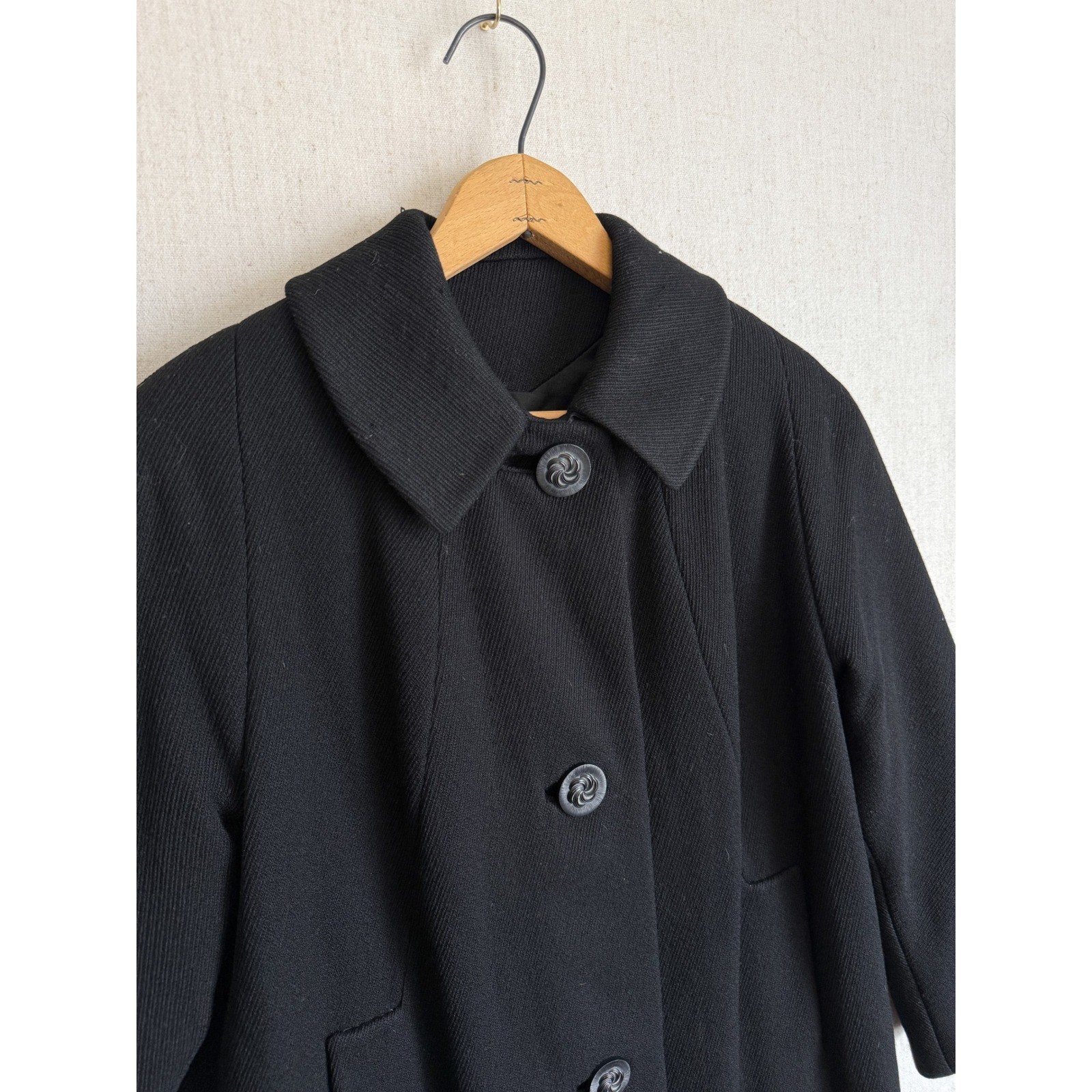 Vintage Thalhimers Black Wool Overcoat Peter Pan Collar Swirl Button Coat Womens