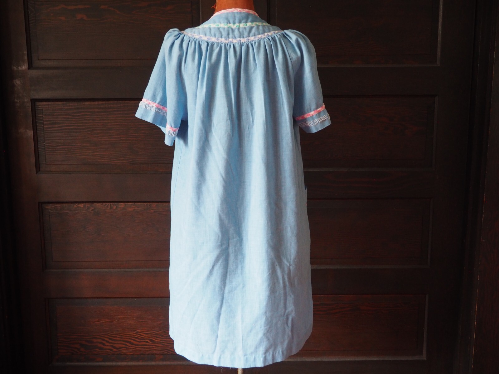 VtG 70s 80s Blue Chambray Lounge Duster Snap Front Pocket Cottage House Dress M