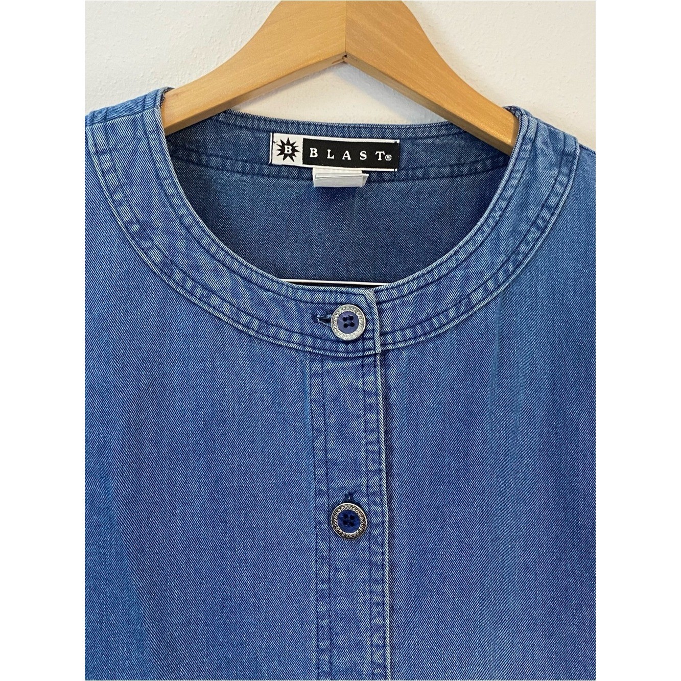 B Blast Vintage Denim Button Up Blouse Patch Pockets Chore Coat Cotton XL