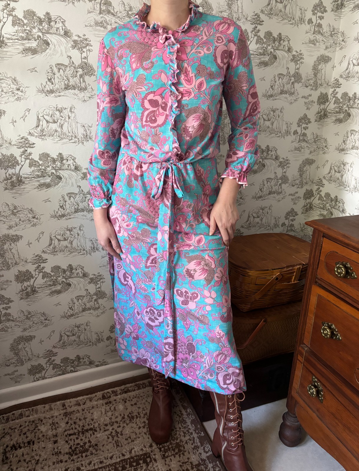Vintage 70s Funky Floral Midi Dress Blue and Pink Gathered Tie Waist Ruffles