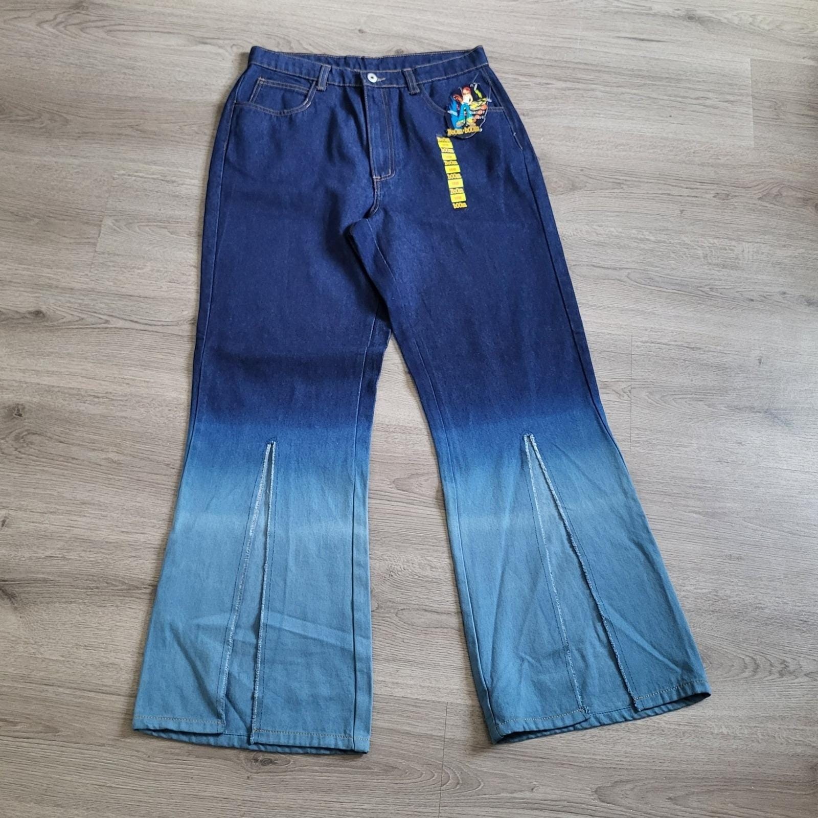Y2K Boom Boom Ombre Flare Jeans Blue Gradient Front Slit Wide Leg USA NWT 14W