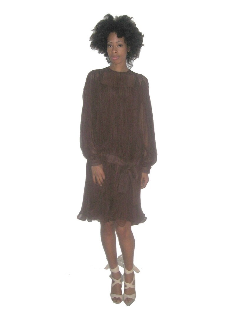 VTG Brown Organza Pleated Blouson Tie Waist Tunic Strappy Dress 2pc Ensemble 12