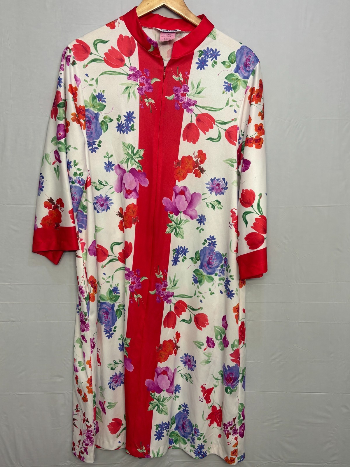 Evelyn Pearson Go-Goat Robe Womens Red White Floral Kimono Sleeve L Vintage 90s