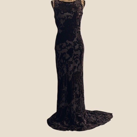 Unique Vintage Kay Unger Silk Burnout Velvet Gown Brown Cowl Back Maxi Dress 8