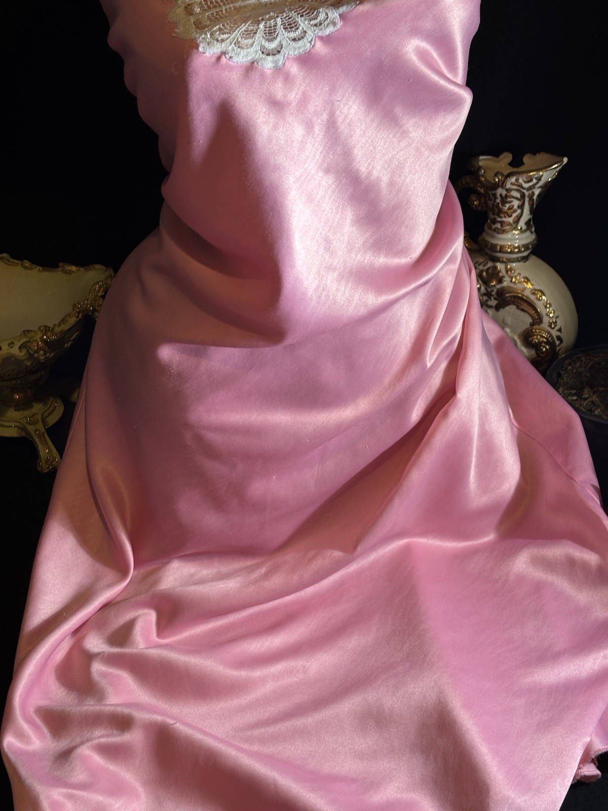 Vtg Satin Soft Pink Anastasia w Strips in gown Nightgown Negligee Gown w Lace