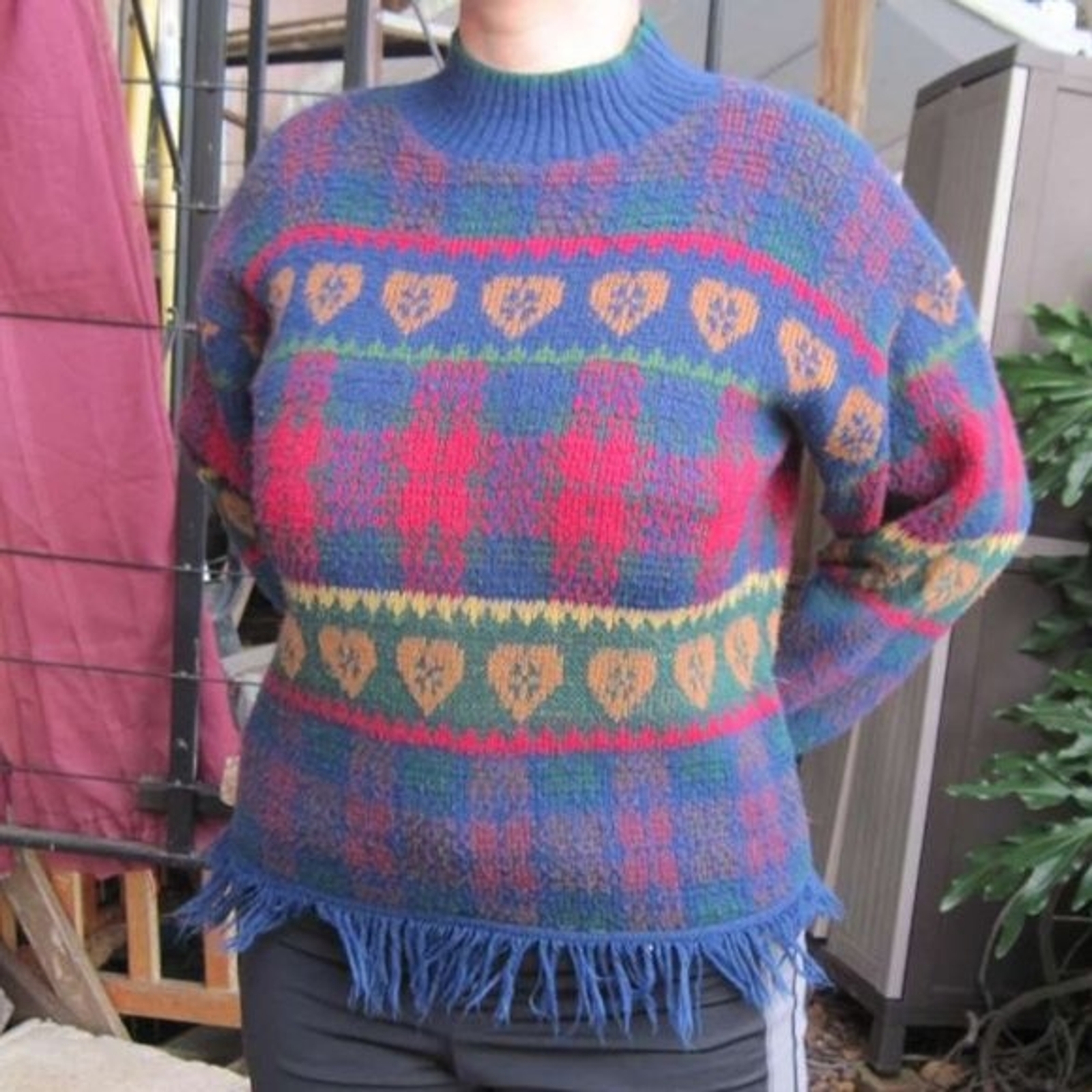 Heartworks M 8- 10 Brown Heart Green Red Blue Plaid Fringe Hem Pull Over Sweater