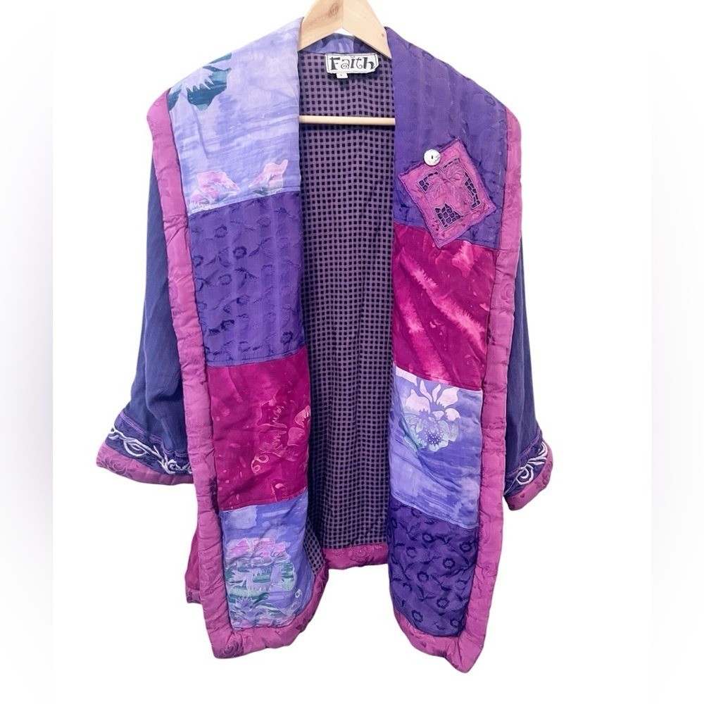 Faith Vintage 90s Patchwork Handmade Cardigan Kimono Jacket Purple & Magenta