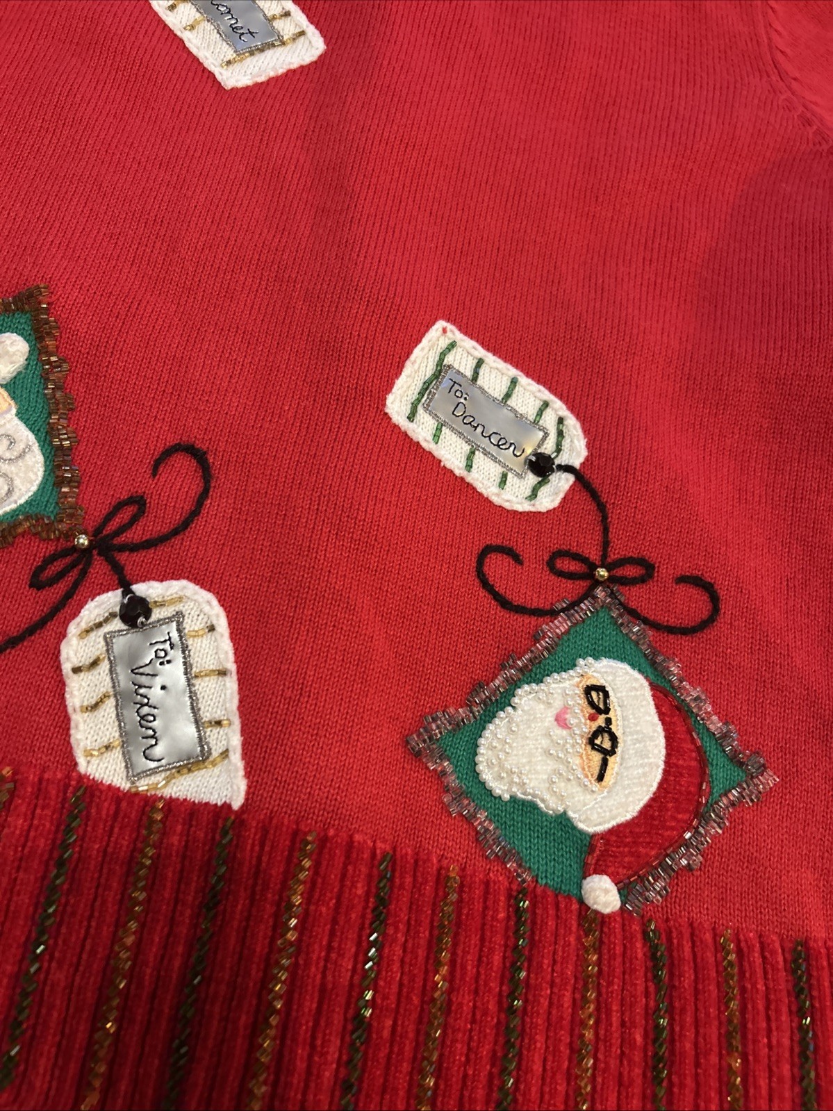 Berek Red Green Christmas Santa Reindeer Gift Tags Beaded Pom Poms Cardigan Sz M