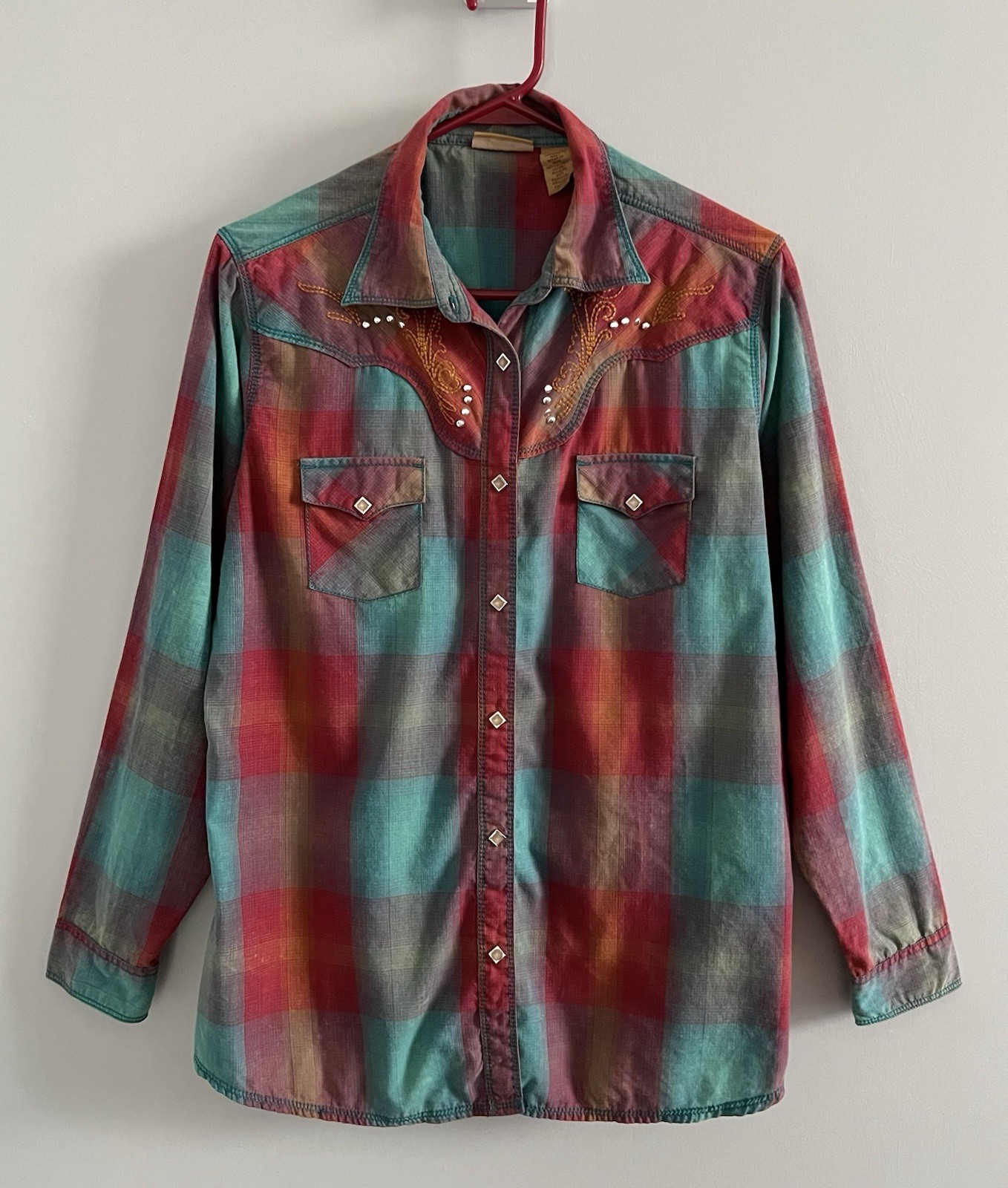 Vtg WRANGLER Western Shirt Women L Turquoise Multi Plaid Diamond Snap Cowgirl