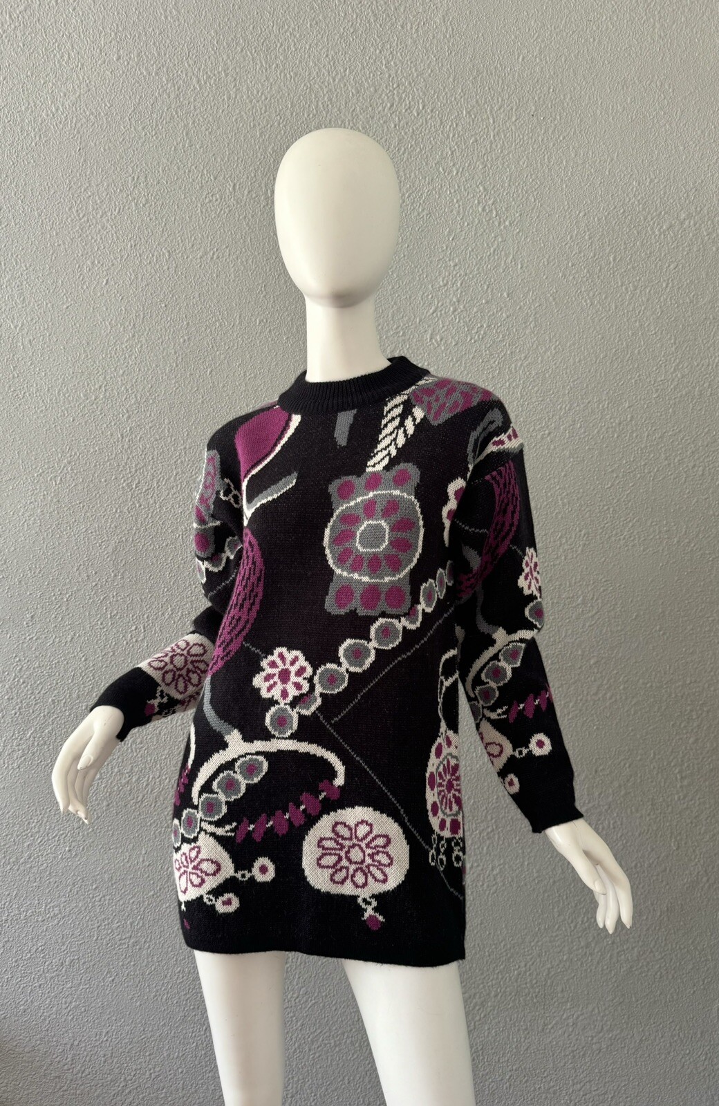 Vintage 80s Black Wool Funky CERVELLE Crew Tunic Sweater Top S