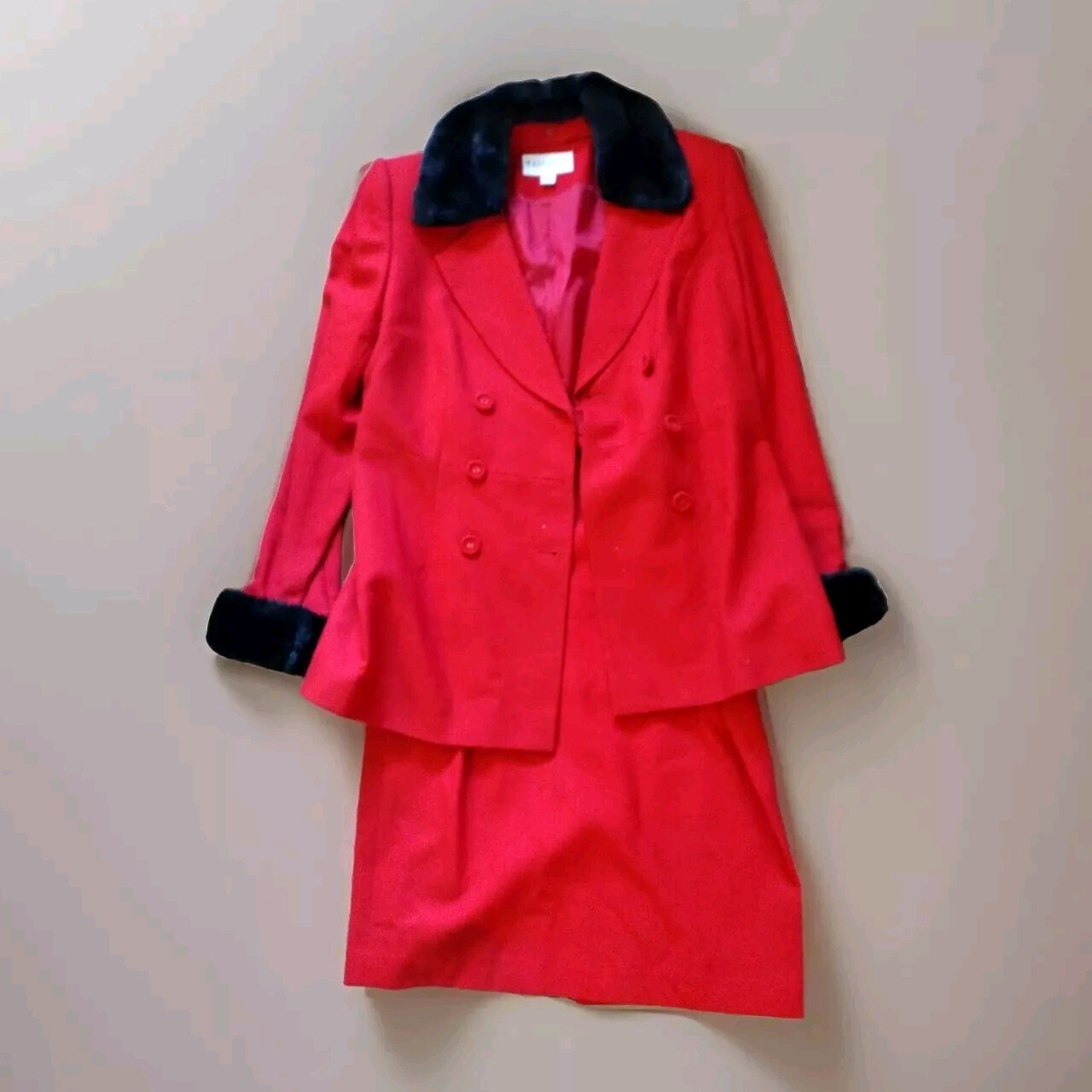Vintage 1990s John Meyer of Norwick 2pc Red Jacket Faux Fur Cuffs Button Size 8P