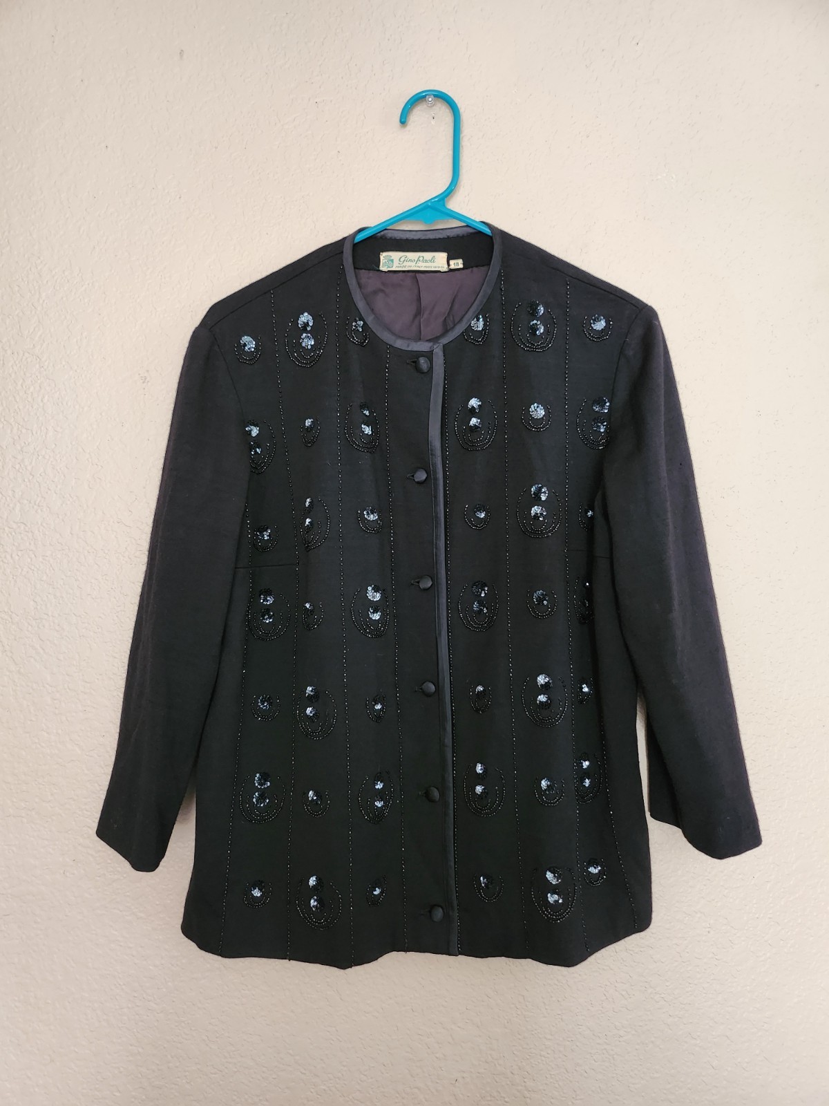 Vintage Gino Paoli Sweater Beaded Black Wool Button Up Knit 3/4 Sleeve Lined