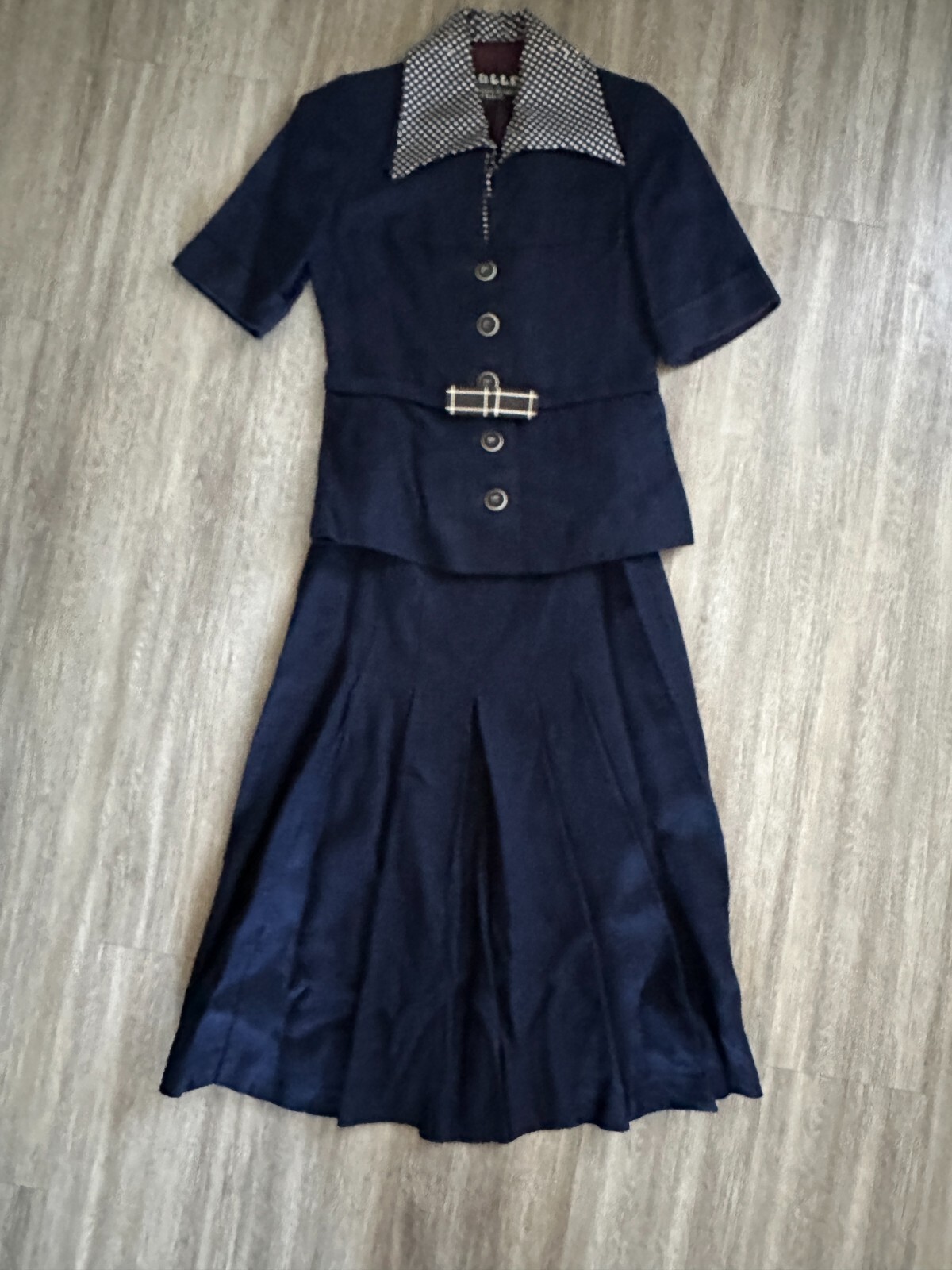 Vintage French Suit Skirt Blue Linen Button Front Belted Pleat Midi Dior Look XS