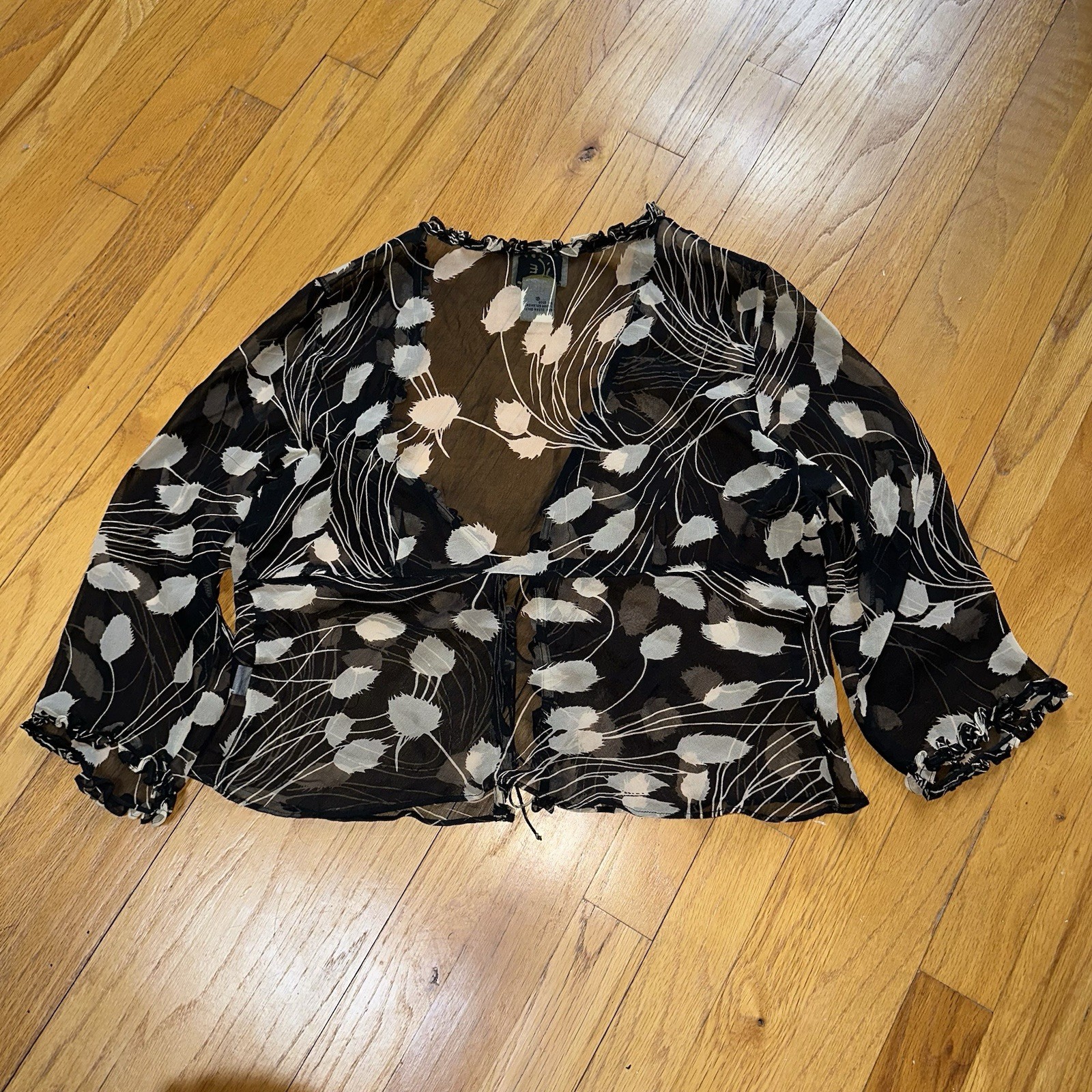 VTG Y2K Beaded Silk 3/4 Sleeve Sheer Top Cardigan Ethereal 90s Grunge Babydoll