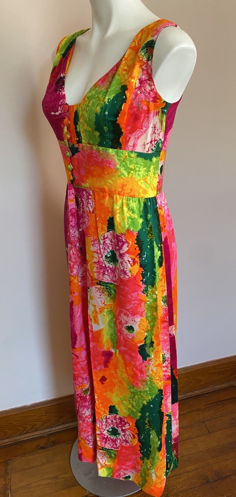 VTG 60s McInerny Psychedelic Hawaiian Sleeveless Button Maxi Dress 8 Medium